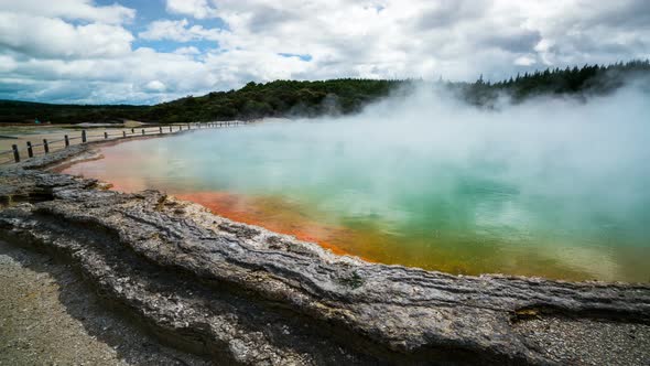 Time Lapse Thermal Lake, Champagne Pool at Wai-O-Tapu near Rotorua, New Zealand