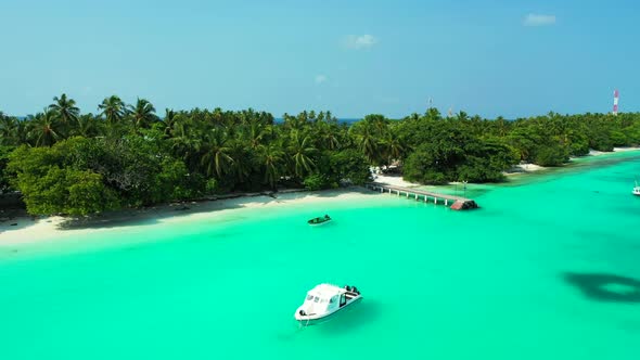 Aerial top view panorama of relaxing bay beach wildlife by turquoise ocean with white sandy backgrou