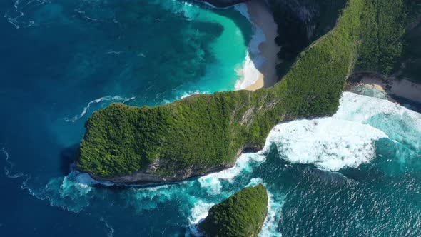 Aerial view at sea and rocks. Kelingking beach, Nusa Penida, Bali, Indonesia