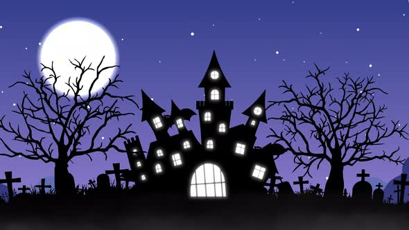 Halloween Background Animation with the Concept of Haunted Castle Moon and Bats