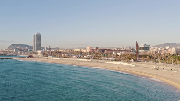 Aerial View of Barselona Coastal Zone Sea and City