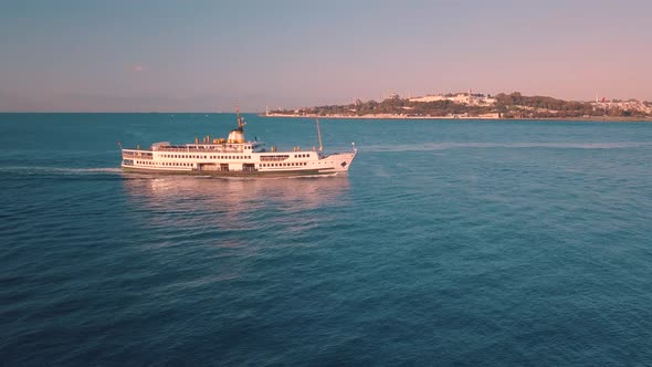 Aerial tracking of cruise ship in istanbul Bosphorus