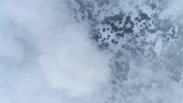 Aerial Snow Forest Mountain Landscape Drone Flying Together with White Cloud
