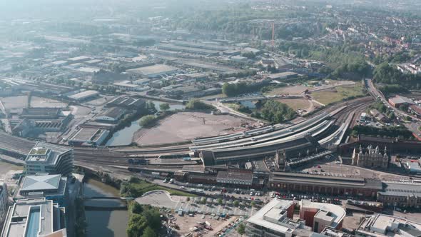 Circling drone shot of Bristol temple meads train station