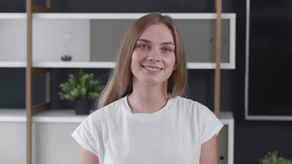 Smiling Attractive Young Woman Looking at Camera at Home Office, Happy Beautiful Female Professional