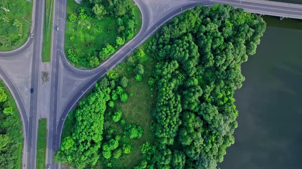 Road Automobile Traffic Jam of Many Cars From Above Near River