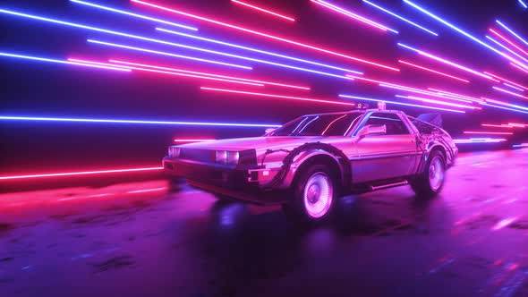 Futuristic Car Riding Through The Neon Strings