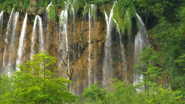 Beautiful Waterfalls in Plitvice Lakes National Park, Croatia. Panning Shot, 