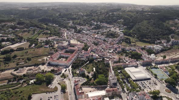 Wide panoramic view of Alcobaça, Portugal. Medieval Monastery and picturesque cityscape