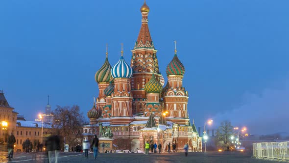 Red Square in Winter Day To Night Timelapse with Cathedral of St