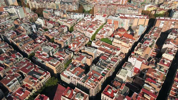 Aerial drone view of Barcelona city at daylight. Montjuic district. Spain