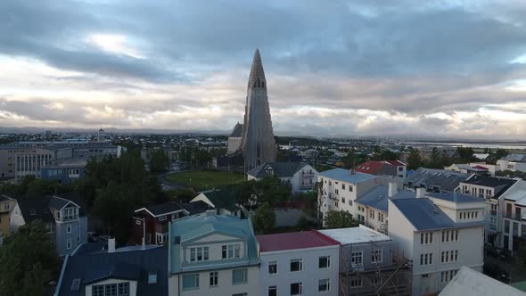 Aerial footage of Hallgrimskirkja church in Reykjavik, Iceland