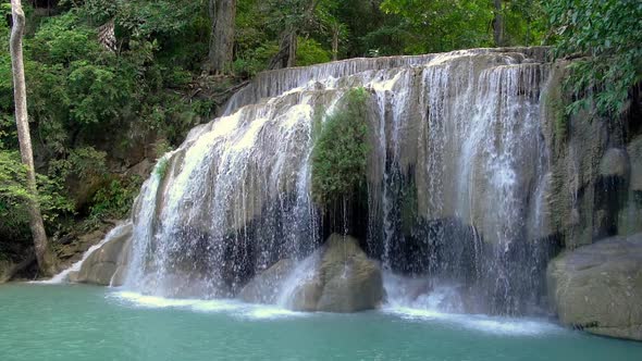 Erawan waterfall level two in National Park, Kanchanaburi, Thailand - Slow motion