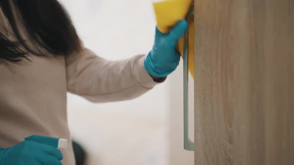 Closeup of Woman Hands Using a Sanitizer and a Wet Towel for Disinfection Doors Knob