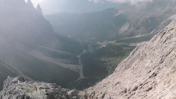 Aerial Drone Shot Flying Near Vajolet Towers Mountain in Dolomites Italy