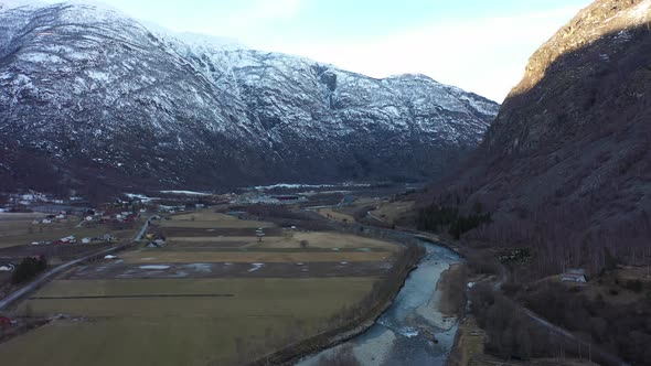 Flying over popular Laerdal salmon river during winter off season with low water level