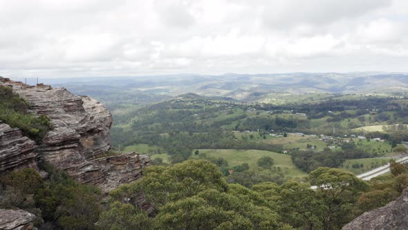 Drone aerial footage of a large valley near Lithgow in the Central Tablelands in Australia