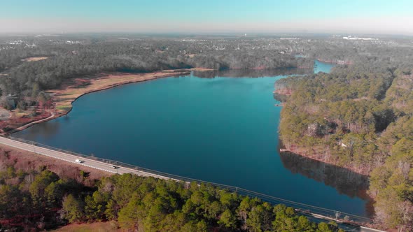 Lakefront road aerial shot.