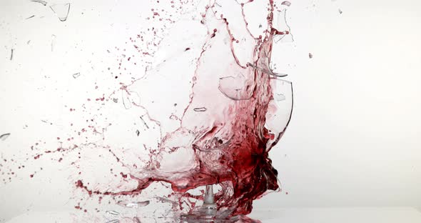 900124 Glass of Red Wine Breaking and Splashing against White Background, Slow motion 4K