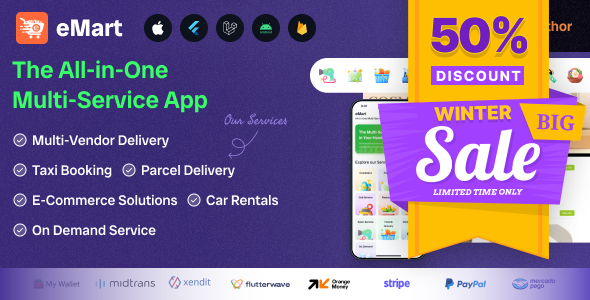 eMart | Multivendor Food, On-demand, eCommerce, Parcel, Taxi Booking, Car Rent App with Admin & Web