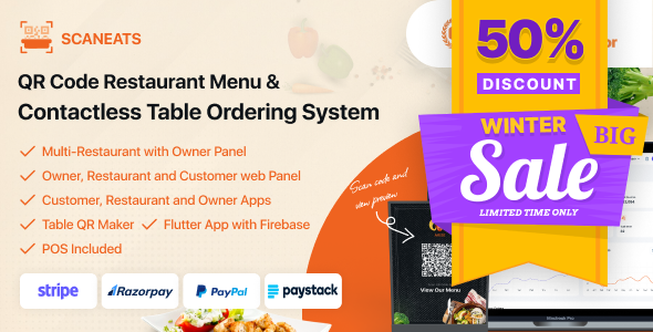 ScanEats - QR Code Multi-Restaurant Menu Maker and Table Ordering System with POS Web and App