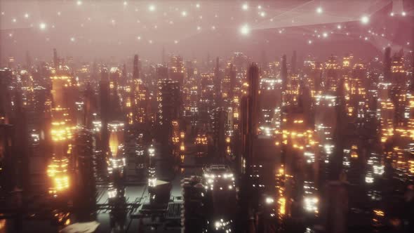 Futuristic City at Night in the Fog