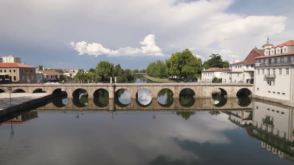 Aerial view of Trajano bridge crossing Tamega river of Chaves city in Portugal