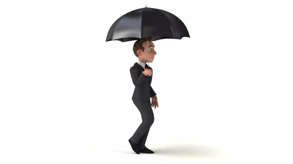 Fun 3D cartoon business man walking with an umbrella
