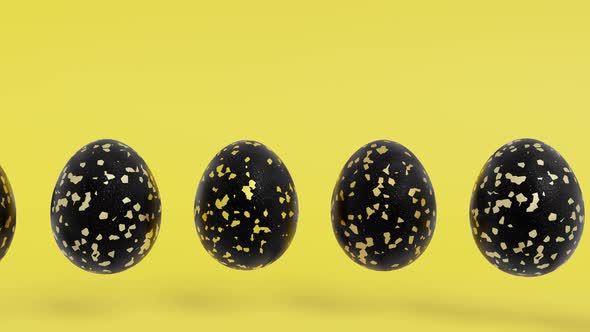 Black Easter eggs with abstract golden patterns on a yellow background. 3D render holiday concept