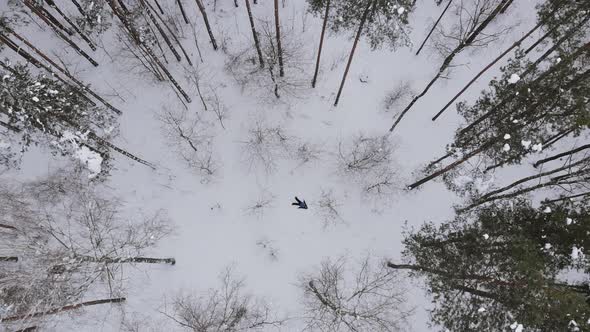 Boy Lies in the Snow in Snowy Forest Among Trees Makes Snow Angel