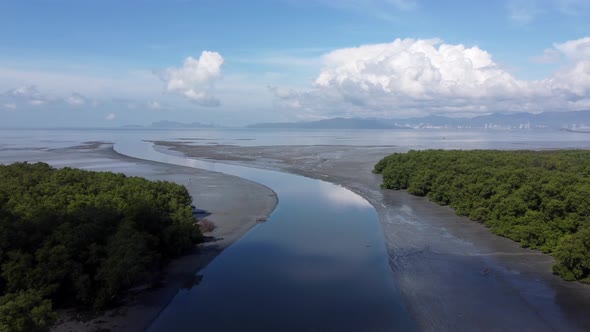 Aerial view reflection of cloud at the river