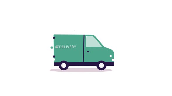Delivery Van Animation Video. Cartoon Running Green Delivery Truck Desing.Animated Van driving.