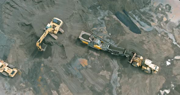 Aerial View of Stone Crusher Plant Machine in Work Process Conveyor Belt with Industrial Equipment