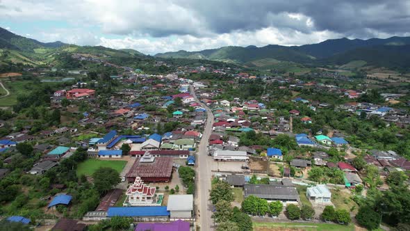 Aerial view from drone of the city of rural village in the mountains