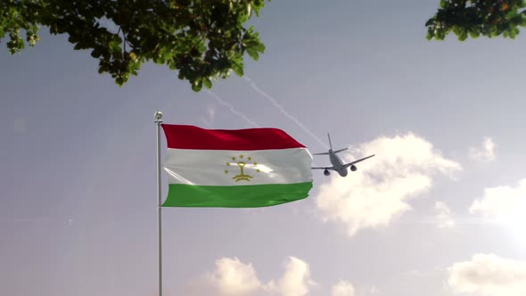 Tajikistan Flag With Airplane And City -3D rendering