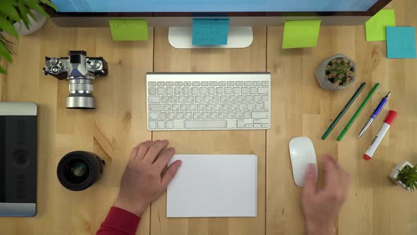 Man Hands Working On Computer At Workplace Flat Lay Closeup