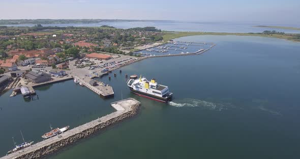 Ferry On The Way To Habor Drone Flies Parallel To The Ferry