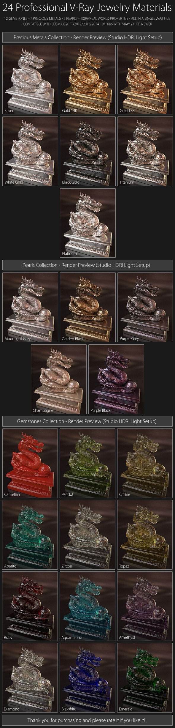 24 Professional V-Ray Jewelry Materials