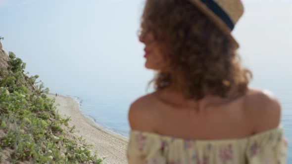 Portrait Dreamy Girl Watching Sunny Seashore Landscape