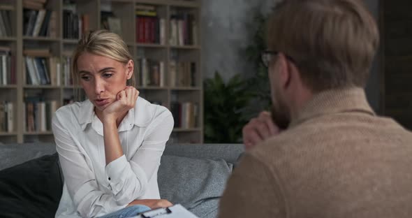 Upset Female Suffering Loneliness After Husband Separation Divorce Depression with Psychotherapist