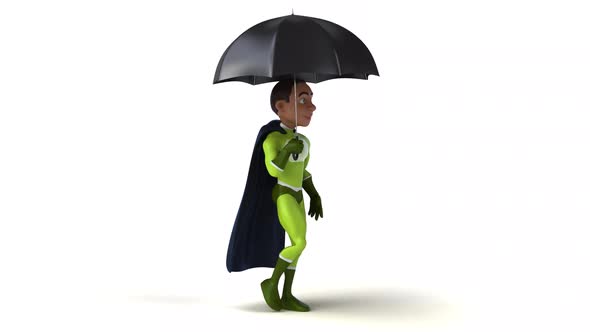 Fun 3D cartoon superhero walking with an umbrella