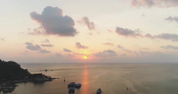 Sunrise Thailand's Ocean Aerial Yachts Ships Boats on Blue Water Under Cloudy Sky at Tanote Bay