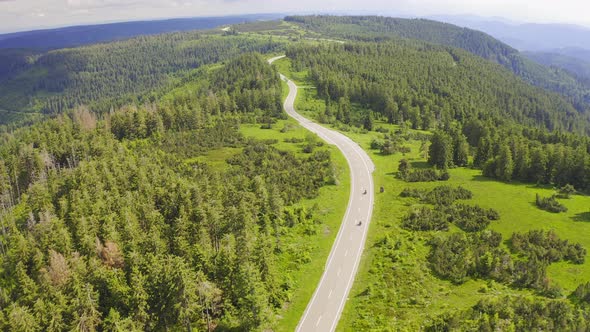 Aerial View Flying Over Two Lane Forest Road with Car Moving Green Trees of Woods Growing Both Sides