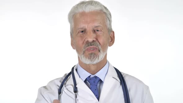 Senior Doctor Talking During Video Chat White Background