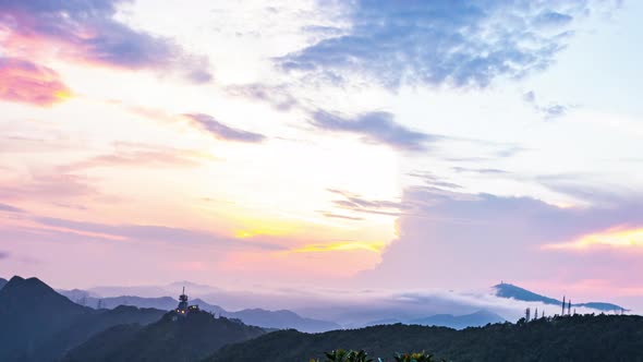 timelapse sunset over the mountain with Internet antenna for communication, Hong Kong