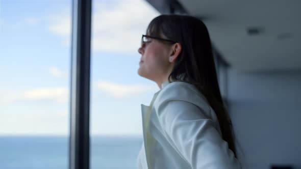 Stressed Businesswoman Looking Window Closeup