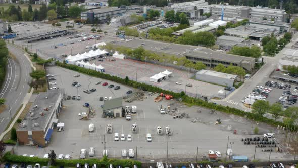 Aerial View Of Covid Testing And Vaccination Center Outdoor During Pandemic.