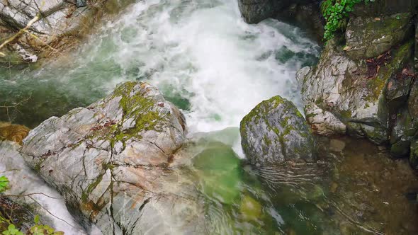 8K Clear Stream Flowing on Mossy Stones in Forest