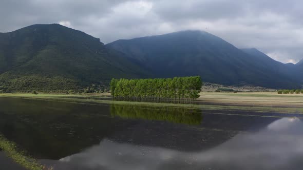 Aerial view of Lake Stymphalia, located in the north-eastern part of the Peloponnese, in Corinthia,