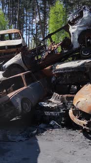 Vertical Video of Destroyed and Shot Cars in the City of Irpin Ukraine  the Consequences of the War